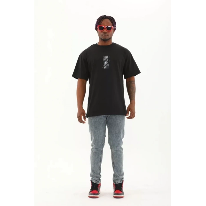 Unisex Oversize Baskılı Bisiklet Yaka Thirt  iyah