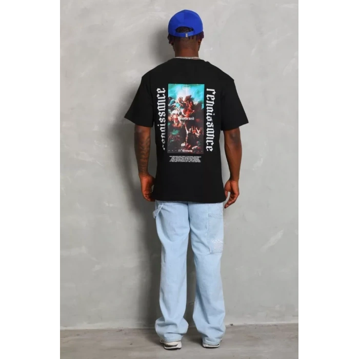 Unisex Oversize Baskılı Bisiklet Yaka Thirt  iyah