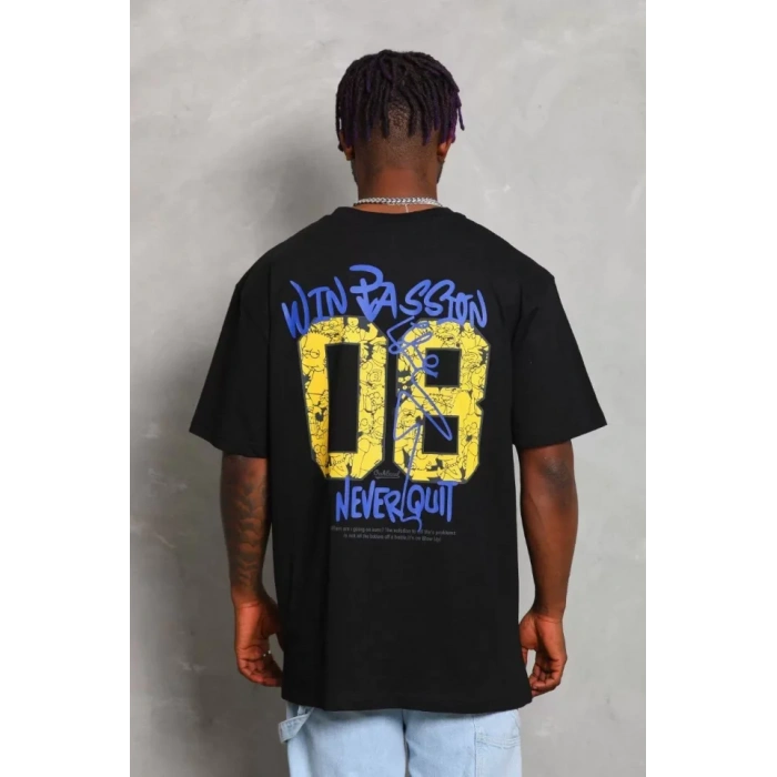 Unisex Oversize Baskılı Bisiklet Yaka Thirt  iyah