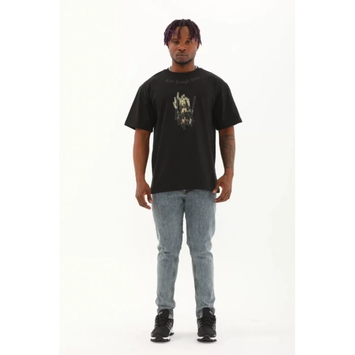 Unisex Oversize Baskılı Bisiklet Yaka Thirt  iyah