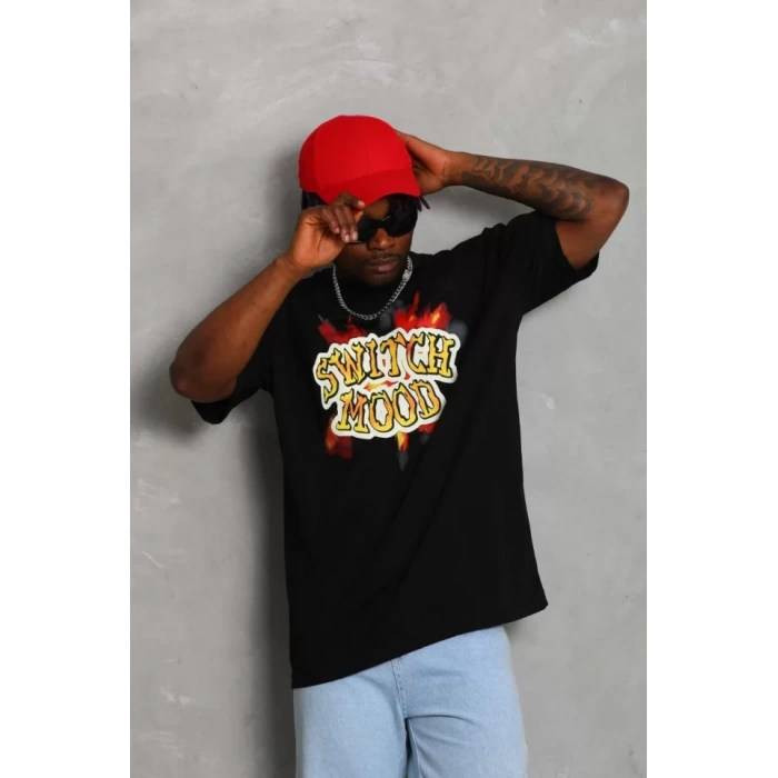 Unisex Oversize Baskılı Bisiklet Yaka Thirt  iyah