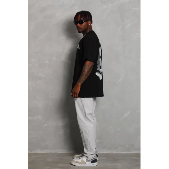 Unisex Oversize Baskılı Bisiklet Yaka Thirt  iyah