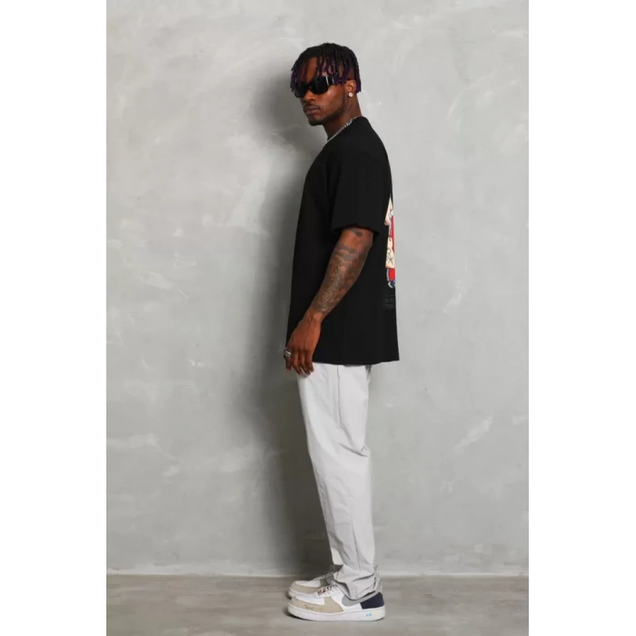 Unisex Oversize Baskılı Bisiklet Yaka Thirt  iyah