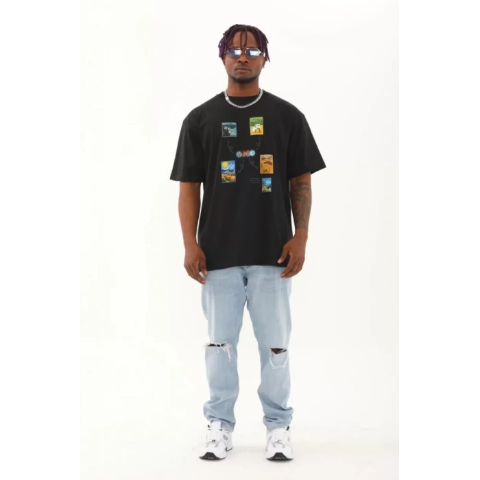 Unisex Oversize Baskılı Bisiklet Yaka Thirt  iyah