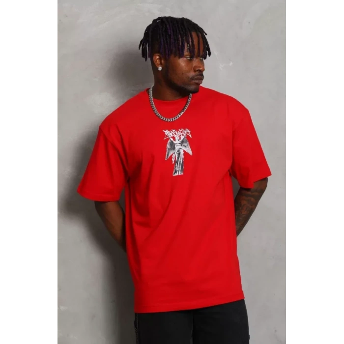 Unisex Oversize Baskılı Bisiklet Yaka Thirt  Kırmızı