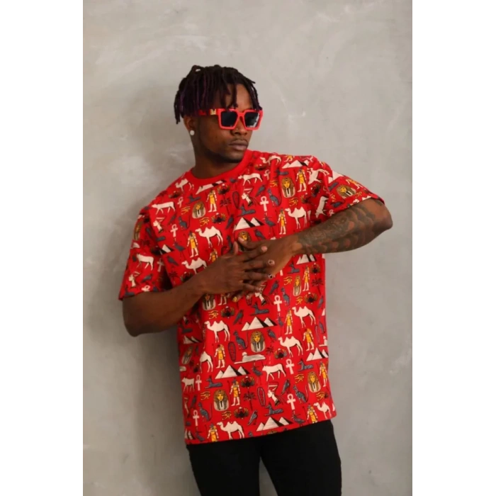 Unisex Oversize Baskılı Bisiklet Yaka Thirt  Kırmızı