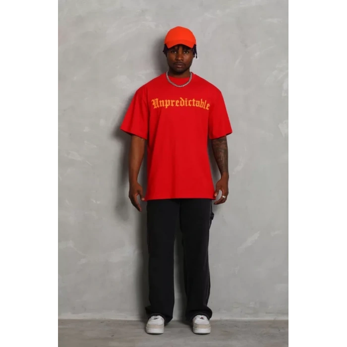 Unisex Oversize Baskılı Bisiklet Yaka Thirt  Kırmızı