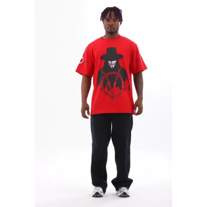 Unisex Oversize Baskılı Bisiklet Yaka Thirt  Kırmızı