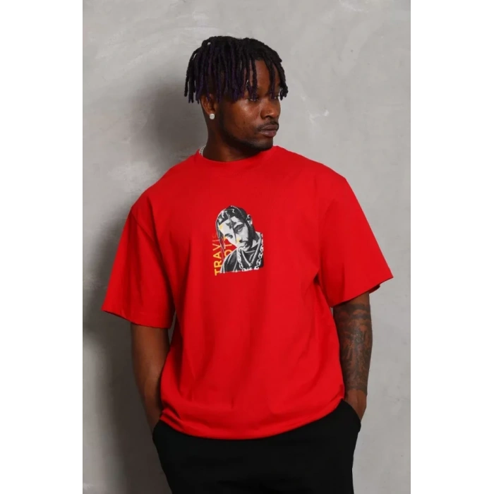 Unisex Oversize Baskılı Bisiklet Yaka Thirt  Kırmızı