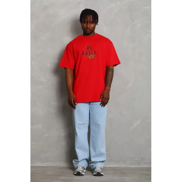 Unisex Oversize Baskılı Bisiklet Yaka Thirt  Kırmızı