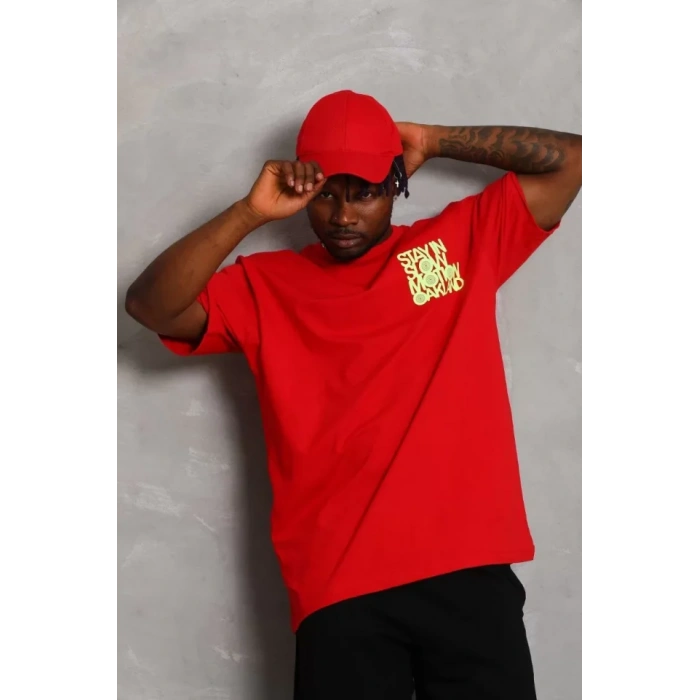 Unisex Oversize Baskılı Bisiklet Yaka Thirt  Kırmızı