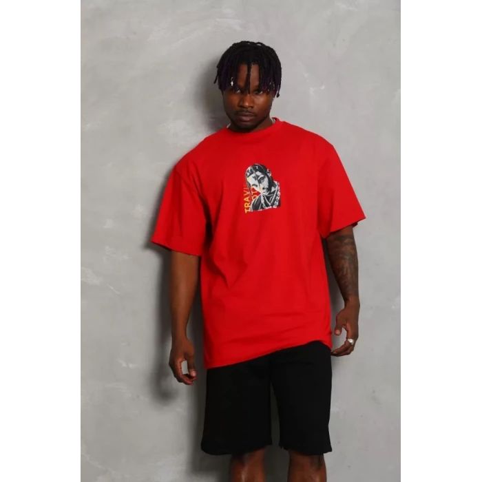 Unisex Oversize Baskılı Bisiklet Yaka Thirt  Kırmızı