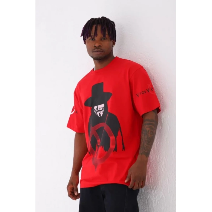 Unisex Oversize Baskılı Bisiklet Yaka Thirt  Kırmızı