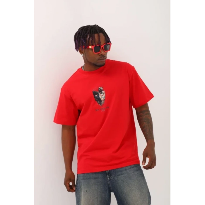 Unisex Oversize Baskılı Bisiklet Yaka Thirt  Kırmızı