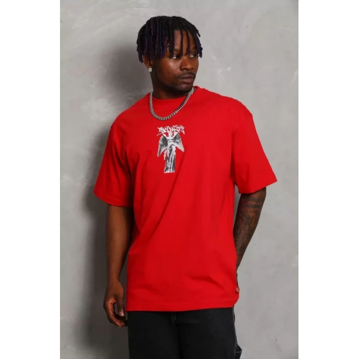 Unisex Oversize Baskılı Bisiklet Yaka Thirt  Kırmızı