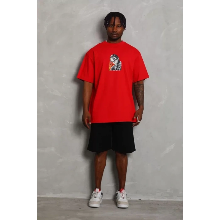 Unisex Oversize Baskılı Bisiklet Yaka Thirt  Kırmızı