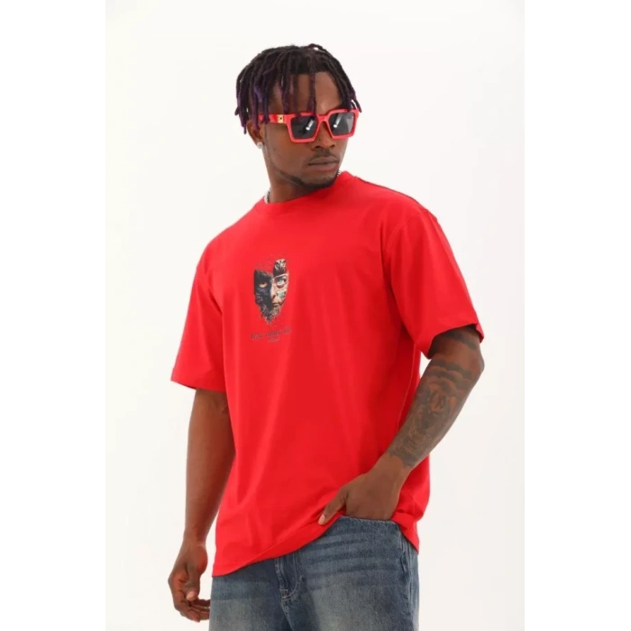 Unisex Oversize Baskılı Bisiklet Yaka Thirt  Kırmızı