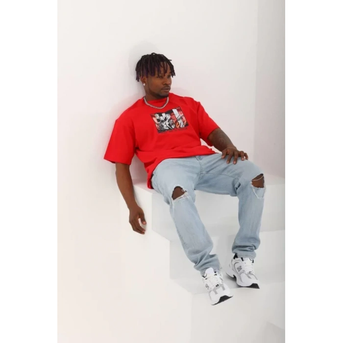 Unisex Oversize Baskılı Bisiklet Yaka Thirt  Kırmızı