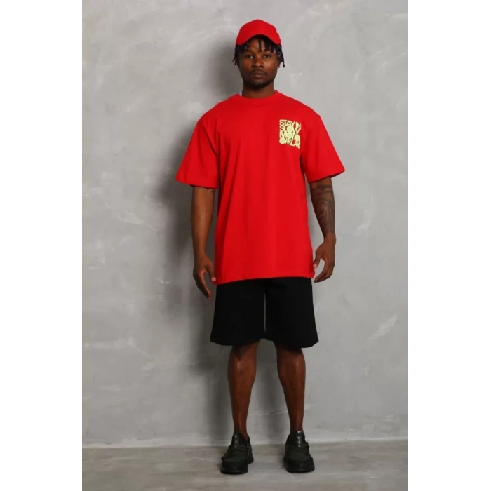 Unisex Oversize Baskılı Bisiklet Yaka Thirt  Kırmızı