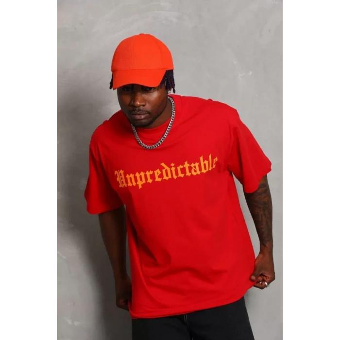 Unisex Oversize Baskılı Bisiklet Yaka Thirt  Kırmızı