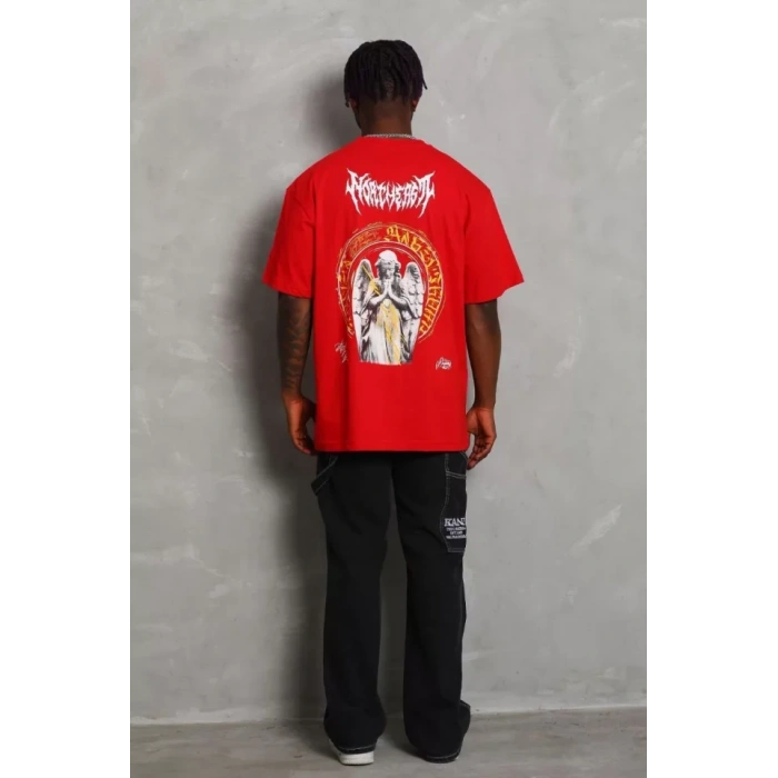 Unisex Oversize Baskılı Bisiklet Yaka Thirt  Kırmızı