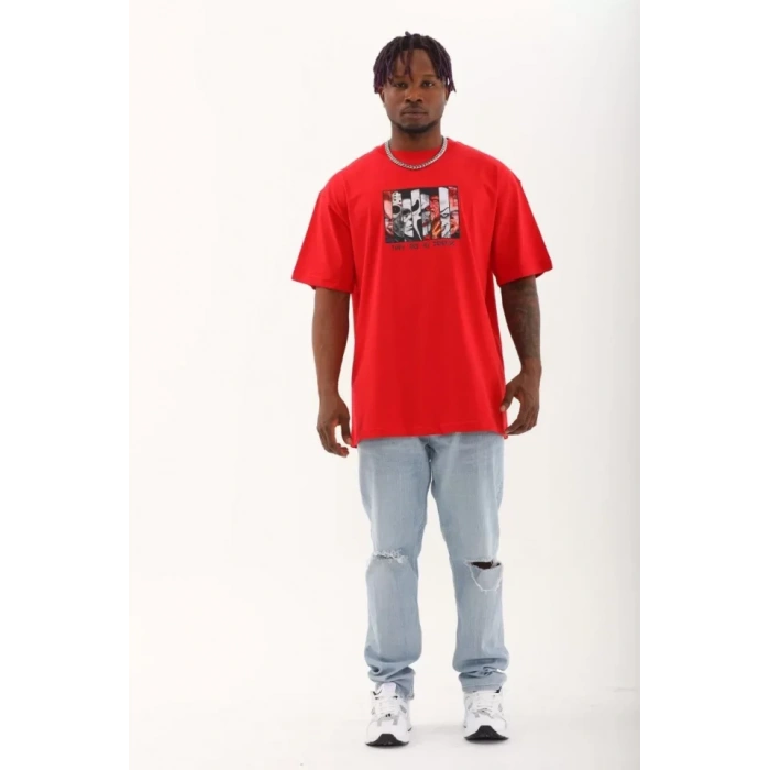 Unisex Oversize Baskılı Bisiklet Yaka Thirt  Kırmızı