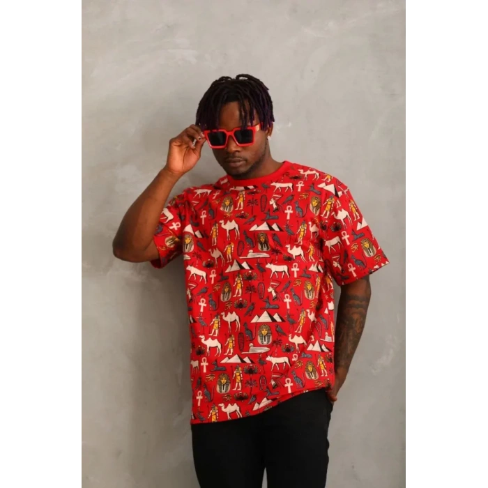 Unisex Oversize Baskılı Bisiklet Yaka Thirt  Kırmızı