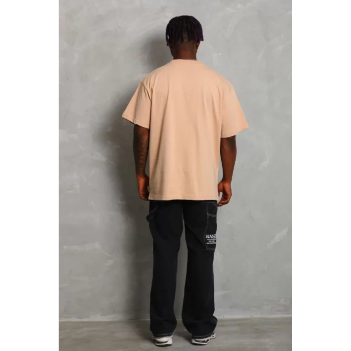 Unisex Oversize Düz Bisiklet Yaka Thirt  Bej