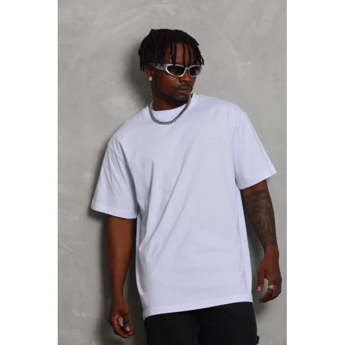 Unisex Oversize Düz Bisiklet Yaka Thirt  Beyaz