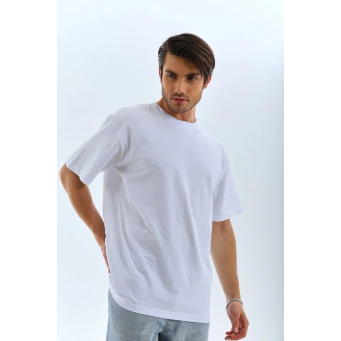 Unisex Oversize Düz Bisiklet Yaka Thirt  Beyaz