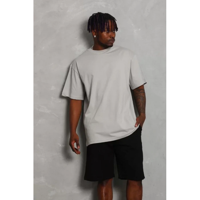 Unisex Oversize Düz Bisiklet Yaka Thirt  Gri