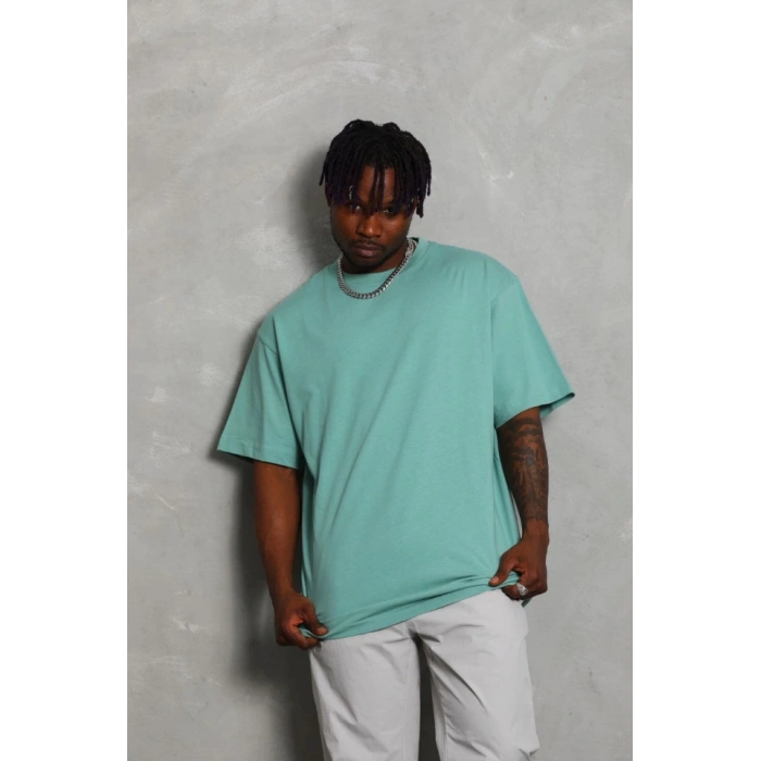 Unisex Oversize Düz Bisiklet Yaka Thirt  int Yeşili