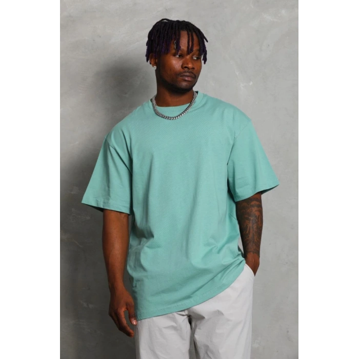 Unisex Oversize Düz Bisiklet Yaka Thirt  int Yeşili