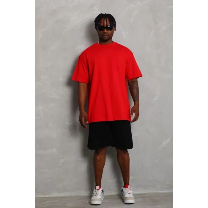 Unisex Oversize Düz Bisiklet Yaka Thirt  Kırmızı
