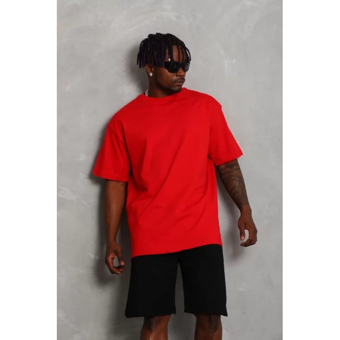 Unisex Oversize Düz Bisiklet Yaka Thirt  Kırmızı