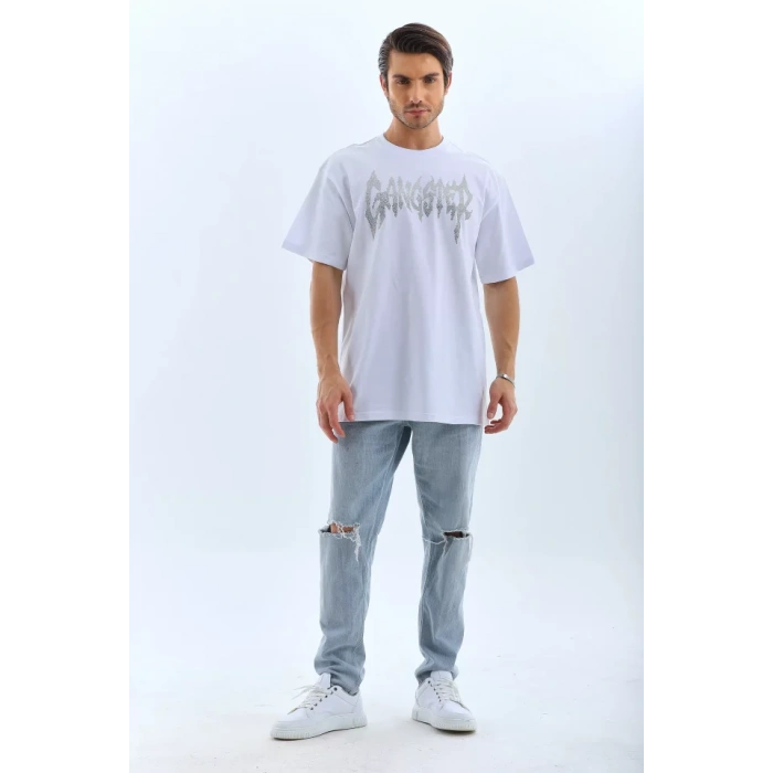Unisex Oversize Taşlı Bisiklet Yaka Thirt  Beyaz