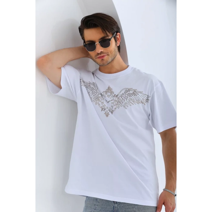 Unisex Oversize Taşlı Bisiklet Yaka Thirt  Beyaz
