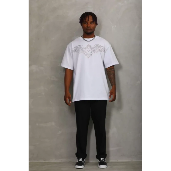 Unisex Oversize Taşlı Bisiklet Yaka Thirt  Beyaz