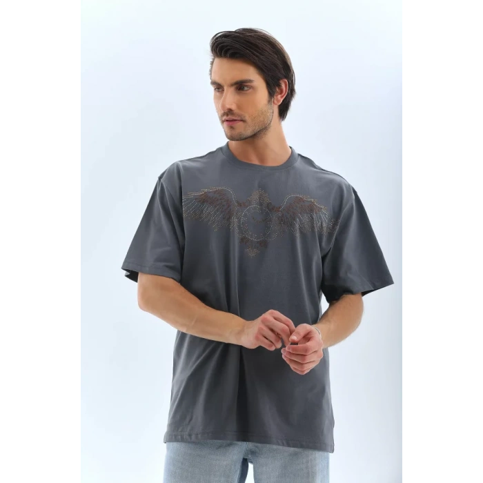 Unisex Oversize Taşlı Bisiklet Yaka Thirt  Füme