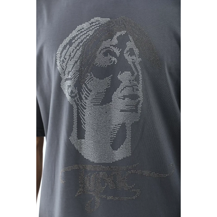 Unisex Oversize Taşlı Bisiklet Yaka Thirt  Füme