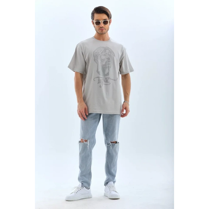 Unisex Oversize Taşlı Bisiklet Yaka Thirt  Gri