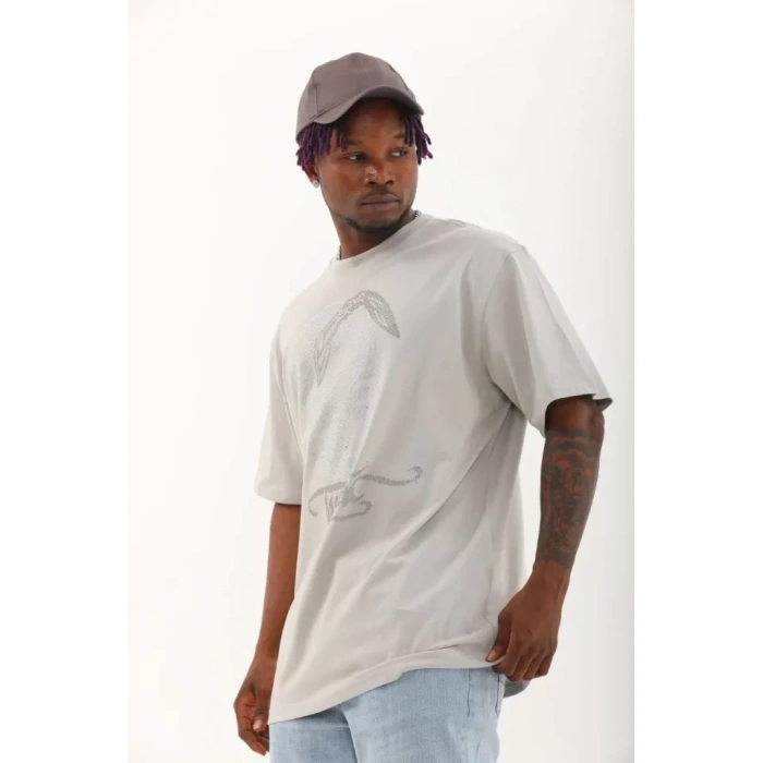 Unisex Oversize Taşlı Bisiklet Yaka Thirt  Gri