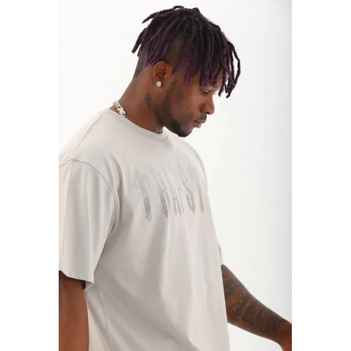 Unisex Oversize Taşlı Bisiklet Yaka Thirt  Gri