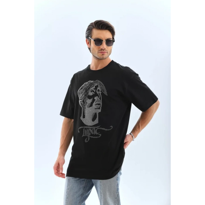 Unisex Oversize Taşlı Bisiklet Yaka Thirt  iyah