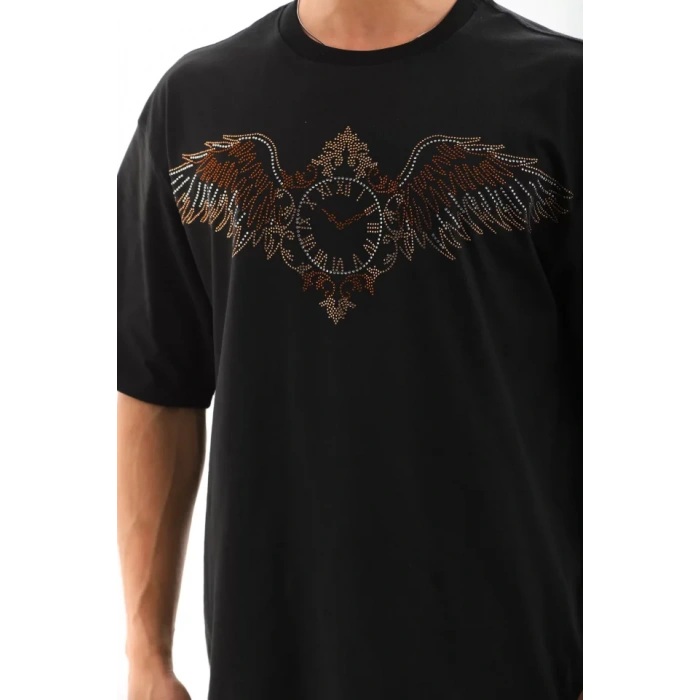 Unisex Oversize Taşlı Bisiklet Yaka Thirt  iyah