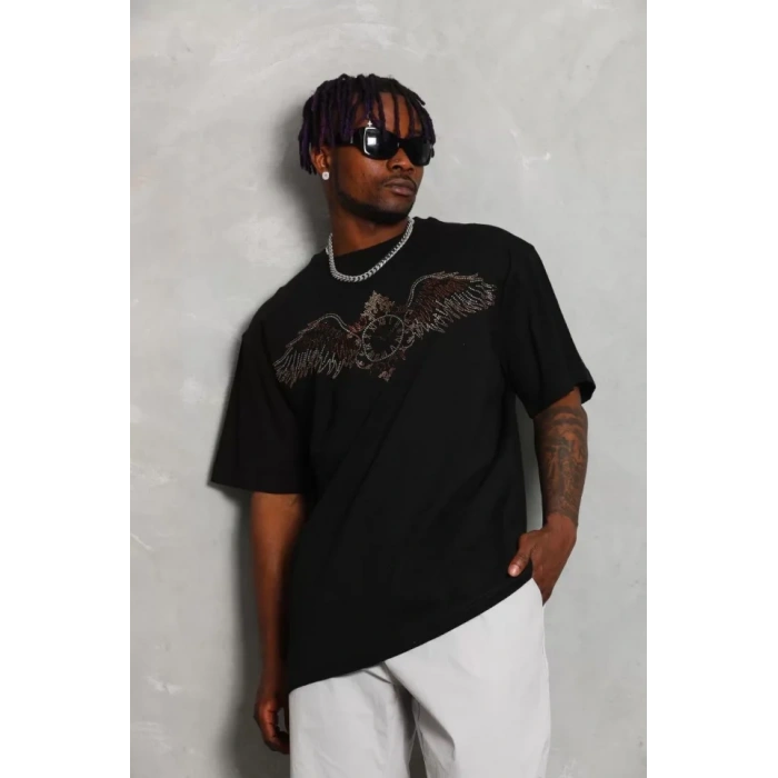 Unisex Oversize Taşlı Bisiklet Yaka Thirt  iyah