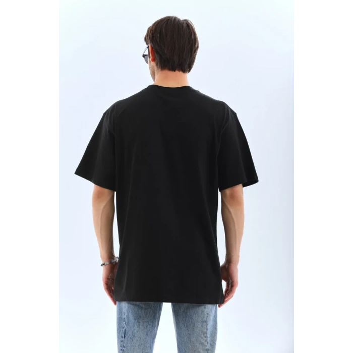 Unisex Oversize Taşlı Bisiklet Yaka Thirt  iyah