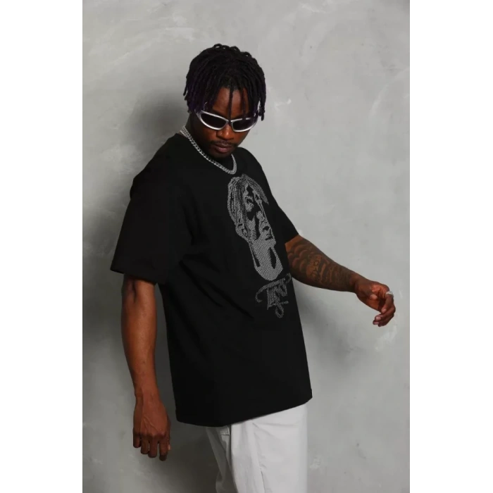 Unisex Oversize Taşlı Bisiklet Yaka Thirt  iyah