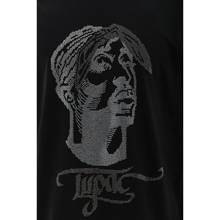 Unisex Oversize Taşlı Bisiklet Yaka Thirt  iyah