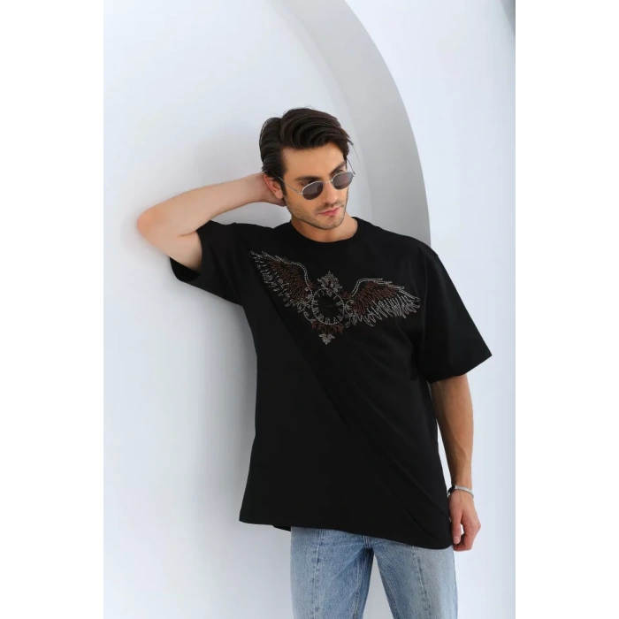 Unisex Oversize Taşlı Bisiklet Yaka Thirt  iyah